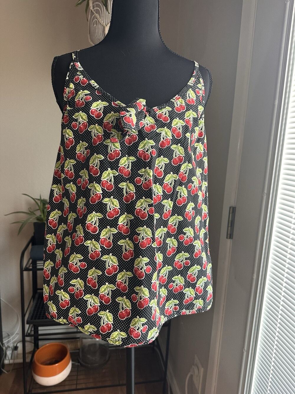 Handmade/Sewn Cherry Pattern Tank Top With Tie Front & Back- L/XL Sizing Cute